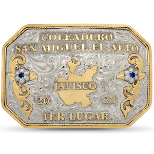 A custom belt buckle for men featuring bronze lettering for Coleadero San Miguel El Alto Jalisco with a golden bronze Jalisco State figure 